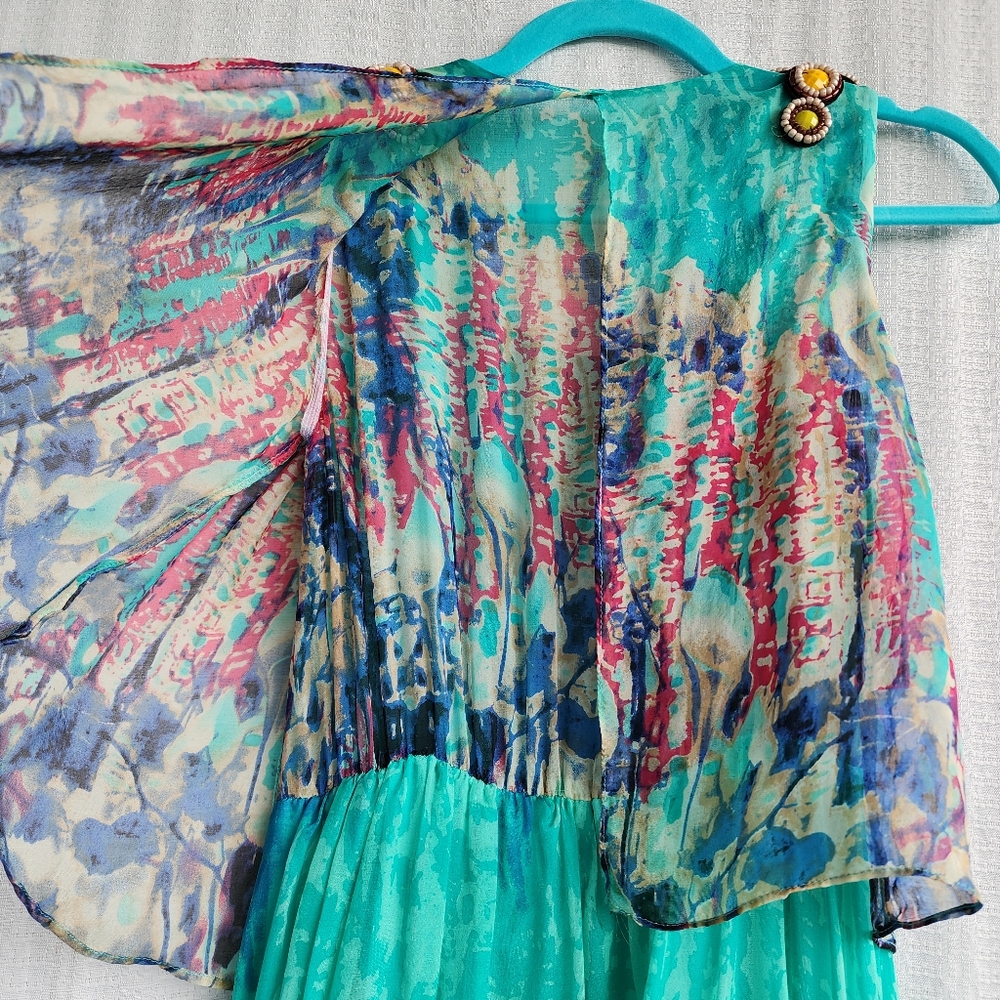 EUC  100% SILK TURQUOISE MAXI DRESS WITH JEWEL EMBELLISHMENTS - SIZE SMALL - Picture 4 of 10